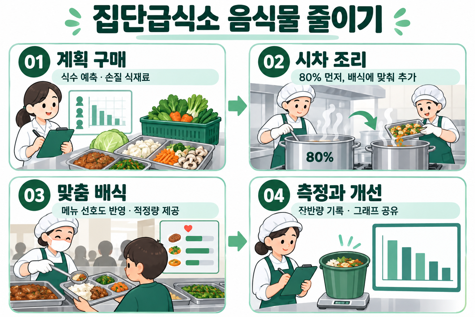 집단급식소 음식물 줄이기: 계획 구매, 시차 조리, 맞춤 배식, 측정과 개선의 네 단계